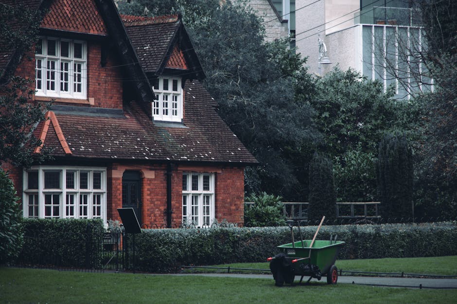 A well-maintained garden scene featuring a lush green lawn with neatly trimmed grass, bordered by vibrant flower beds with blooming plants and small shrubs. In the background, a row of dense, well-pru